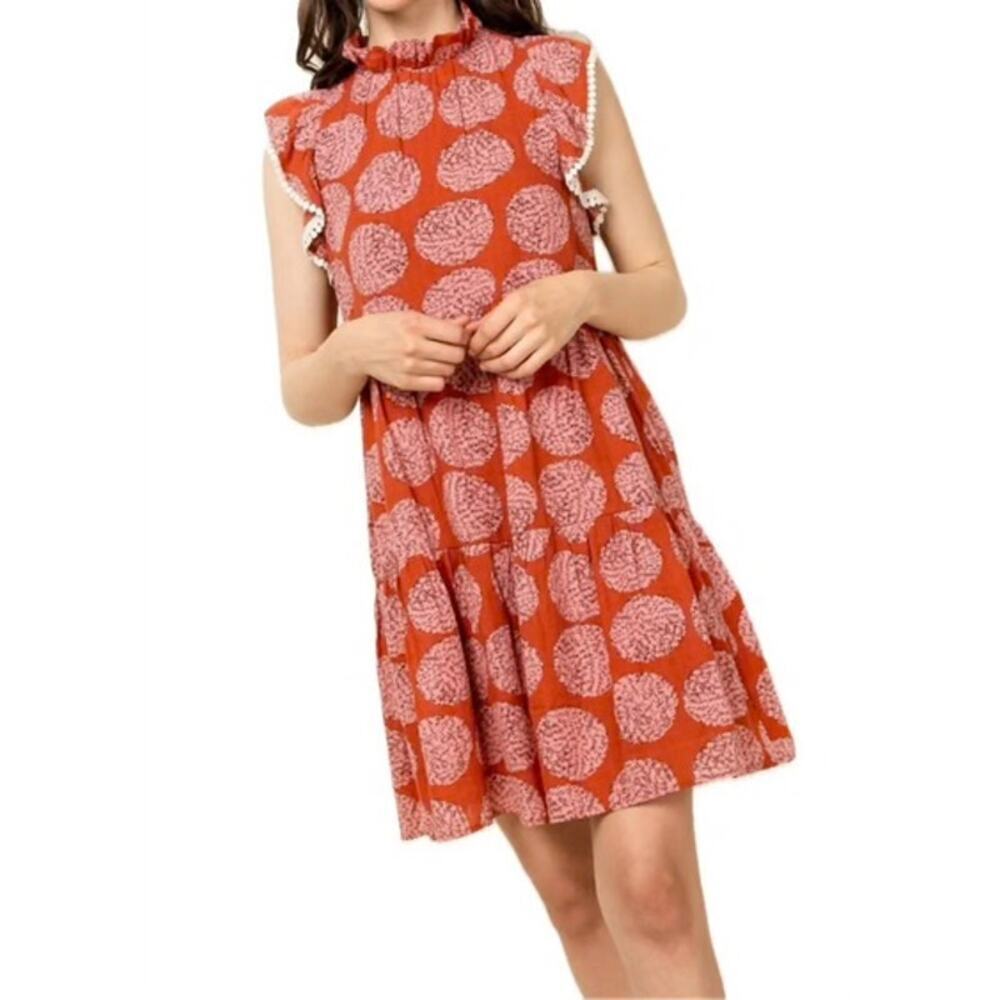 THML Red Pink Dot Print Ruffle Sleeve Dress Size S